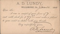 A. D. Lundy Receipt Williamsport, PA Postal Cards & Correspondence Postcard Postcard Postcard