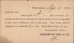 Frishmuth Brothers and Company Late Delivery Notice 1882 Postcard