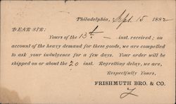 Frishmuth Brothers and Company Late Delivery Notice 1882 Philadelphia, PA Postcard Postcard Postcard