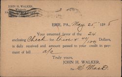 John H. Walker Wholesale Remittance Receipt 1895 Erie, PA Postcard Postcard Postcard