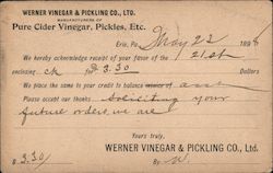 Werner Vinegar & Pickling Company Remittance Receipt 1898 Erie, PA Postcard Postcard Postcard