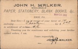 John H. Walker Wholesale Paper, Stationary, Blank Books Remittance Receipt 1897 Erie, PA Postcard Postcard Postcard