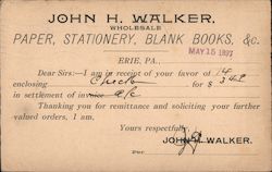 John H. Walker Wholesale Paper, Stationary, Blank Books Remittance Receipt 1897 Postcard