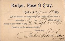 Baker, Rose & Gray Remittance Receipt 1895 Elmira, NY Postcard Postcard Postcard