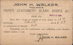 John H. Walker Wholesale Paper, Stationery, Blank Books Remittance Receipt Erie, PA Postcard Postcard Postcard