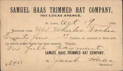 Samuel Haas Trimmed Hat Company Remittance Receipt 1906 St. Louis, MO Postcard Postcard Postcard