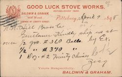 Good Luck Stove Works Order 1898 Pittsburgh, PA Postcard Postcard Postcard