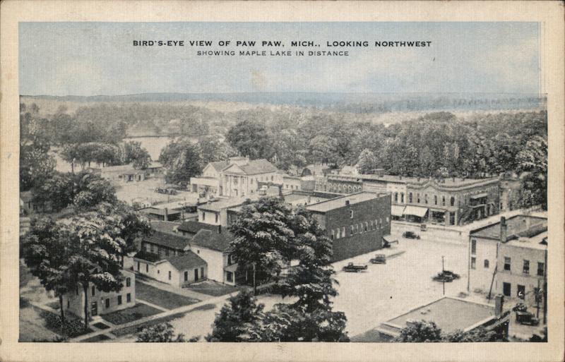 Bird’s-Eye View of Paw Paw Michigan; Looking Northwest. Showing Maple Lake in the distance