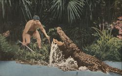 Big George, Largest Alligator in Captivity, Charging at Ross Allen Postcard