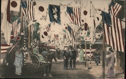 Busy Street US & Japanese Flags, Rickshaw WWI Postcard