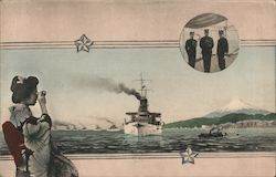 Japanese woman looking to a warship fleet Postcard Postcard Postcard