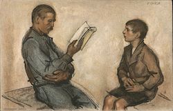 Father with son, Reading Book Postcard