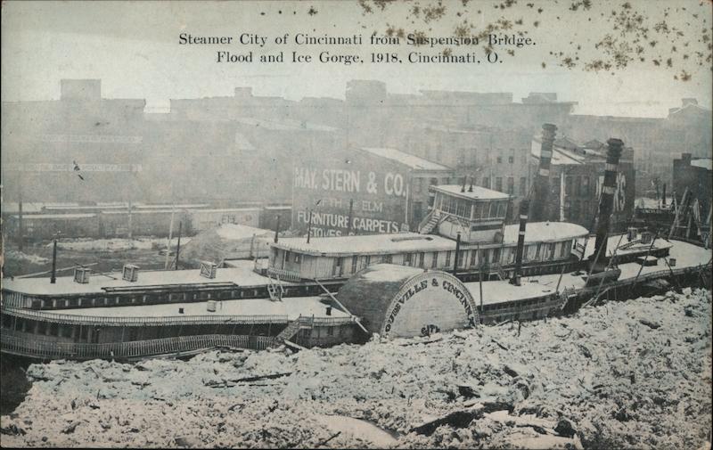 Steamer City of Cincinnati from Suspension Bridge Flood & Ice