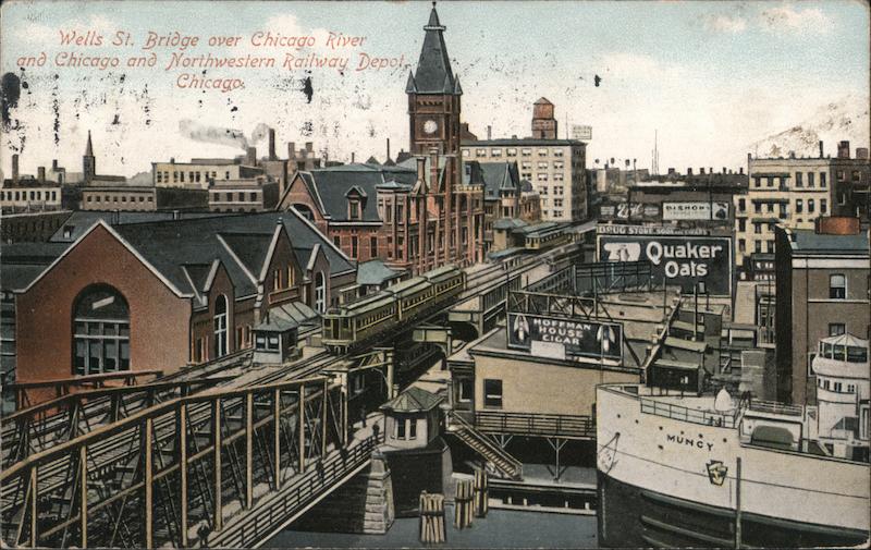 View of Wells St. Bridge over Chicago River and Chicago & Northwestern Railway Depot Illinois