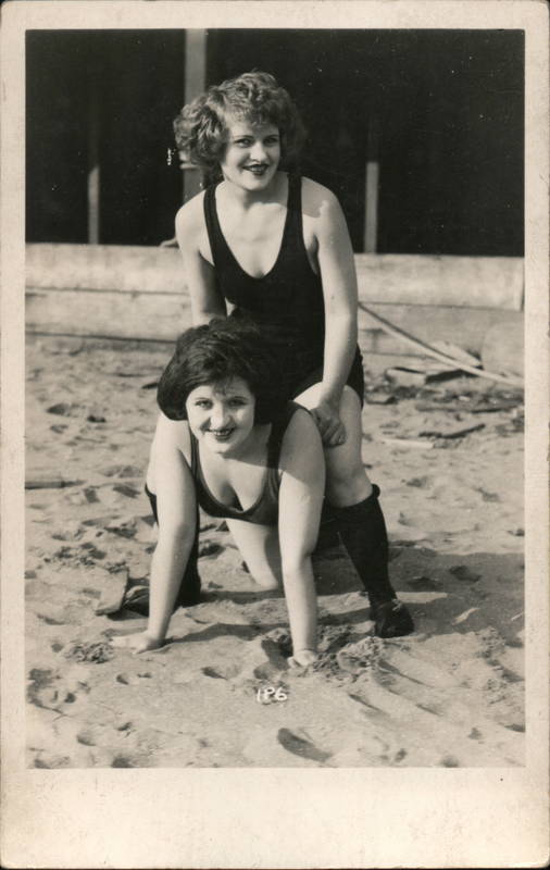 Flapper Women in Bathing Suits One on All Fours and Other One Sitting on Her 1920s