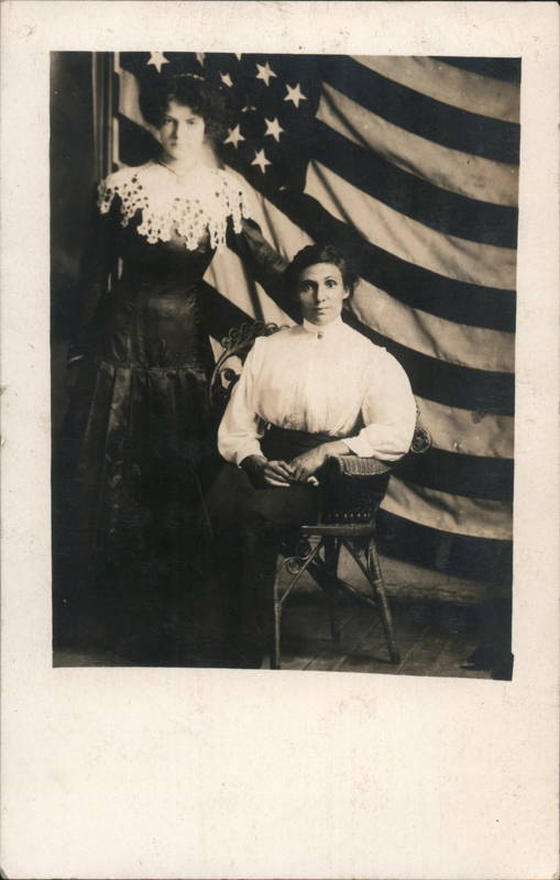 Studio Photo: Two Women in Front of US Flag Chicago Illinois