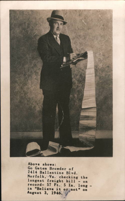 Go Getem Browder of 2414 Ballentine Blvd Norfolk, Va. checking the longest freight bill