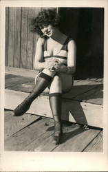 Bathing Beauty Sitting on Wooden Step Postcard