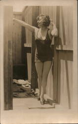 Flapper Woman in Bathing Suit Near Wooden fence Postcard