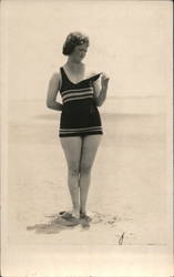Woman in Bathing Suit Pulling Down Strap Postcard