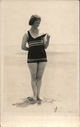 Flapper Woman in Bathing Suit Pulling Down Strap Postcard