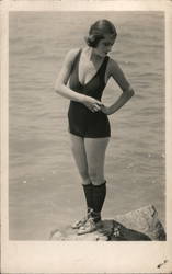 Flapper Woman in Bathing Suit Standing on Rocks 1920s Postcard