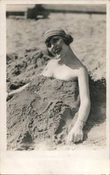 Flapper Woman Buried in Sand 1920s Postcard