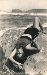 Cast Up By The Sea Woman in Bathing Suit Laying on Rock Swimsuits & Pinup Postcard Postcard Postcard