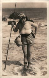 Woman in Small Bathing Suit with Fishing Gear 1920s Swimsuits & Pinup Postcard Postcard Postcard