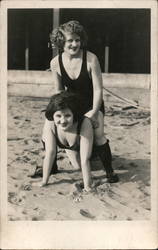 Two Women in Bathing Suits One on All Fours and Other One Sitting on Her 1920s Postcard