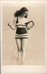 Woman in Bathing Suit Pulling Down Strap 1920s Postcard