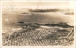 Aerial View with S.F.-Oakland Bay Bridge, Treasure Island Postcard