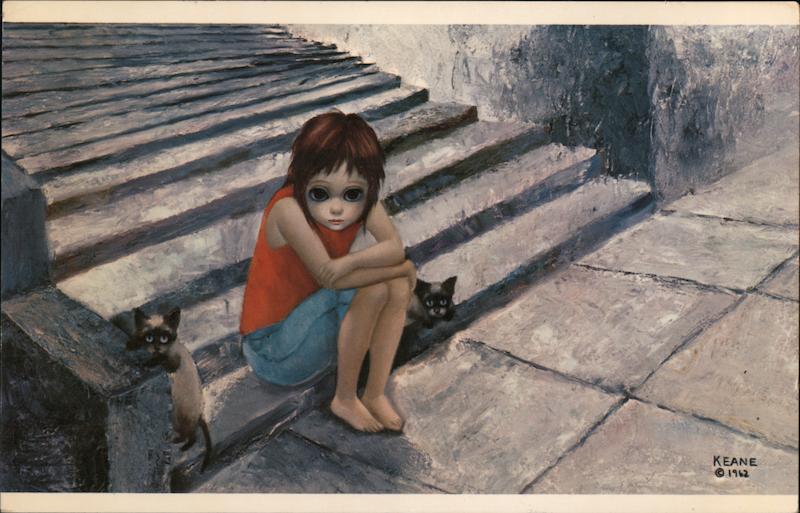 Out After Dark Big Eye Girl Sitting on the Steps With Cats, Keane