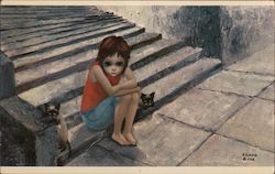 "Out After Dark" Big Eye Girl Sitting on the Steps With Cats, Keane Modern Margaret Keane Postcard Postcard Postcard