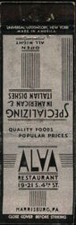 Alva Restaurant Matchbook Cover