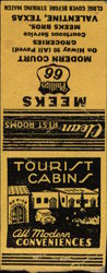 Meeks Phillips 66 Tourist Cabins Valentine, TX Hotels & Motels Matchbook Cover Matchbook Cover Matchbook Cover