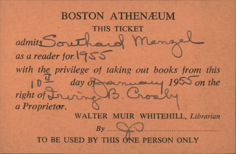 Boston Athenaeum Library Card/Book Ticket 1955 Massachusetts