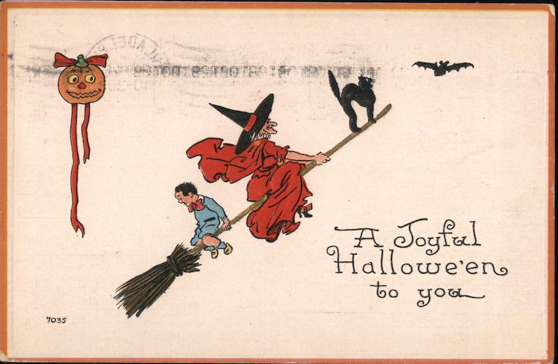 Witch Riding Broom with Pumpkin, Black Cat and Bat
