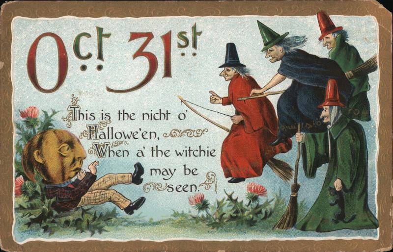Witches Riding Broomsticks With Jack-O-Lantern Halloween