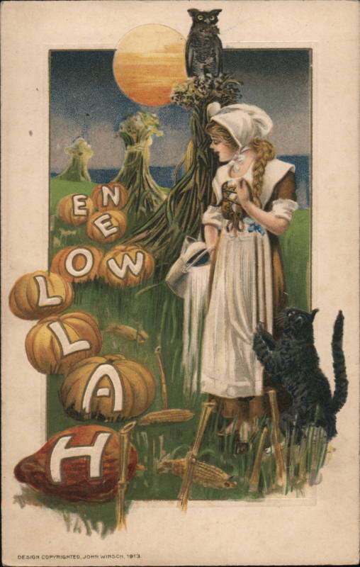 Girl in Field with Black Cat, Pumpkins, and Owl At Night