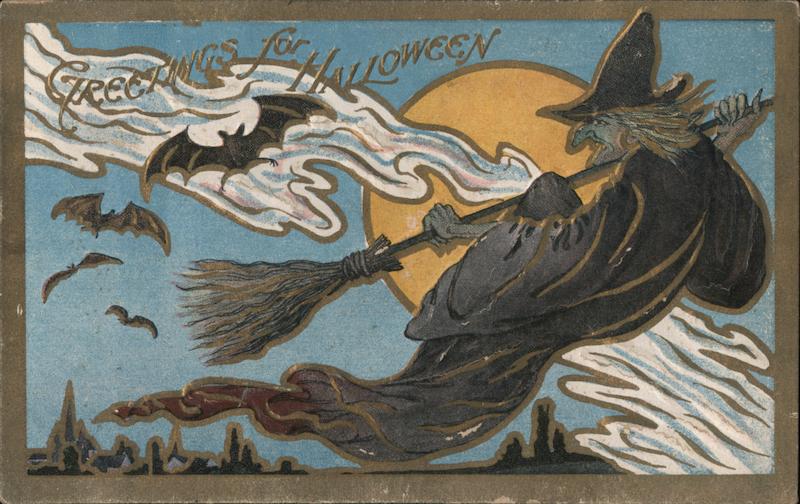 Greetings for Halloween - Witch on a Broom, Full Moon, Bats