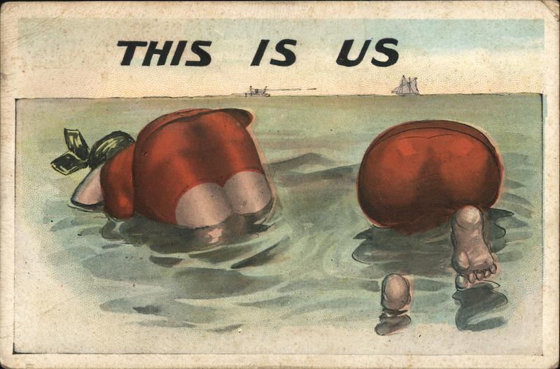 Vintage Comic Postcard: Fat Swimming Man & Woman with Big Butts - This is Us
