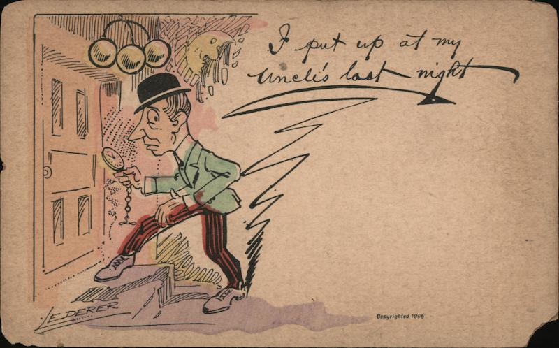 Man with pocket watch going into Pawn Shop Artist Signed