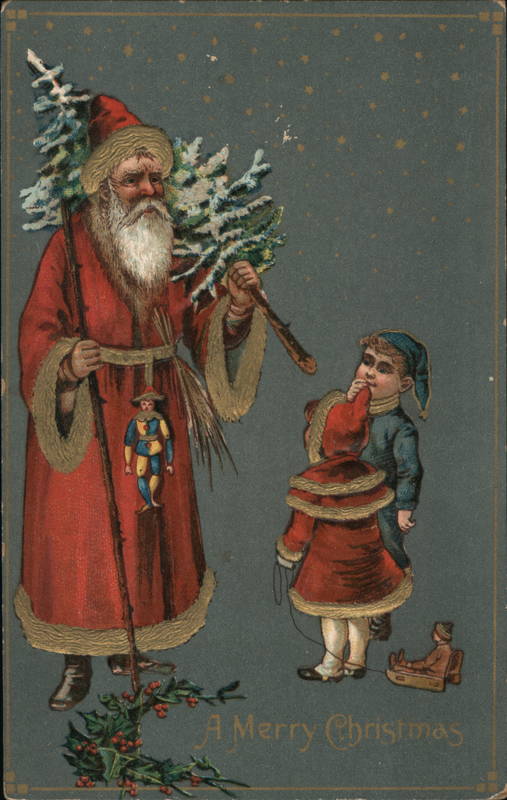 Santa Claus Carrying Tree and Talking to Two Young Children