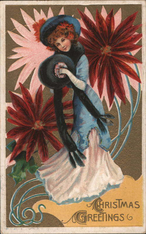 Woman Surrounded by Poinsettias Christmas