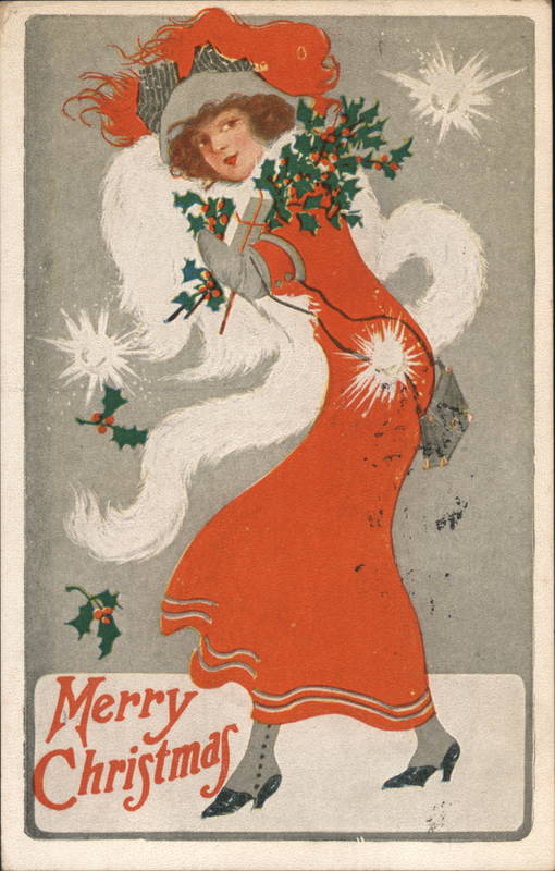 Woman Carrying Presents and Mistletoe Christmas