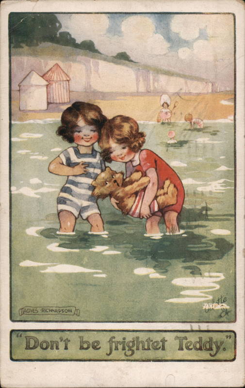 Don't be frightet Teddy, Children take teddy bear bathing at seaside.