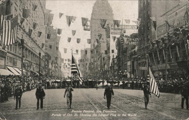 Men Carry Largest Flag in the World, Portola Festival Parade 1909 San Francisco California