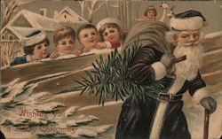 Santa Carrying Tree and Toys as Children Watch Postcard