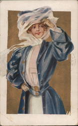 Woman in 1950's style blue and white driving attire Postcard